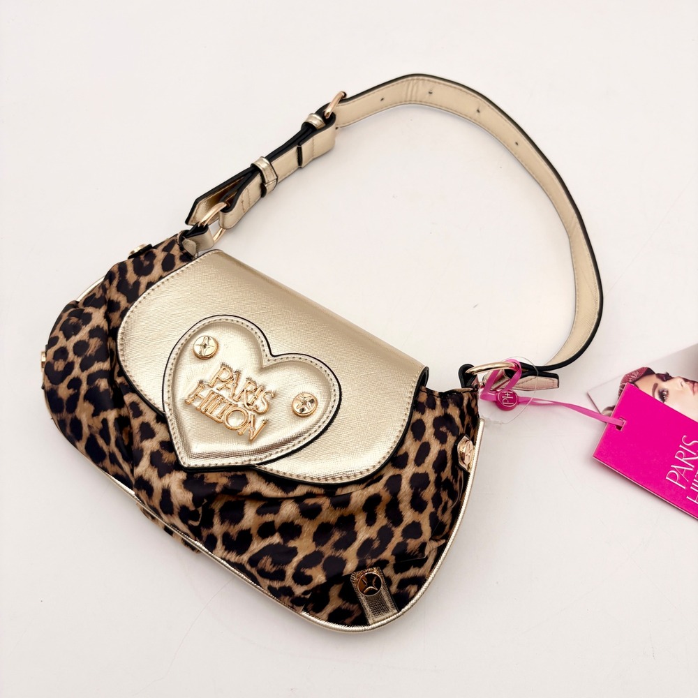 Paris Hilton Leopard Print Gold Heart Logo Shoulder Bag Baguette Y2K NEW - Picture 9 of 10